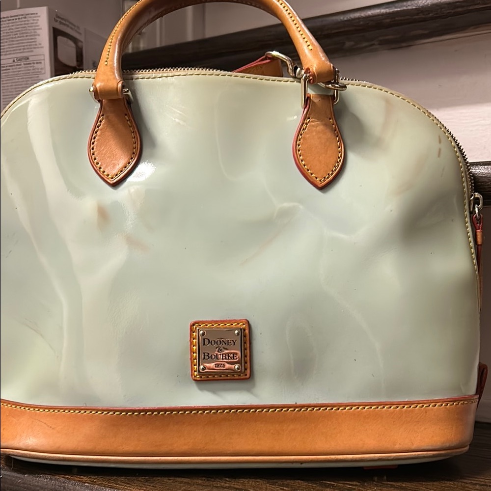 Dooney & Bourke Cream Patent Satchel with Tan Trim
